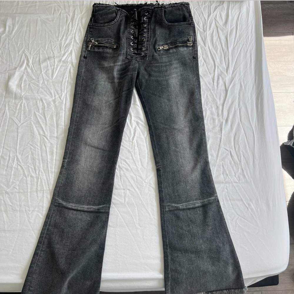 Elegant Black Flare Jeans with Lace-Up Detail